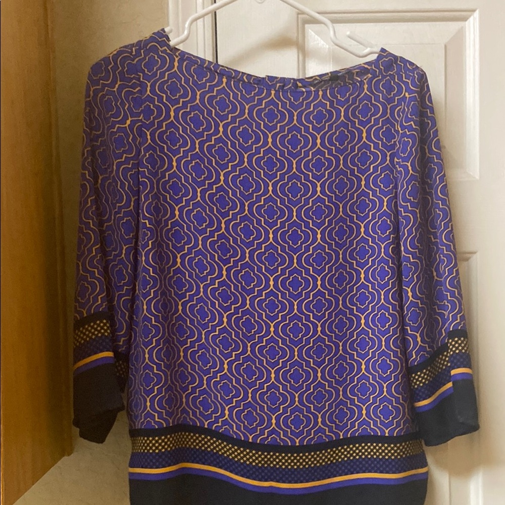 Adrianna Papell Blue and Gold Boxy Blouse with 3/4 Sleeves